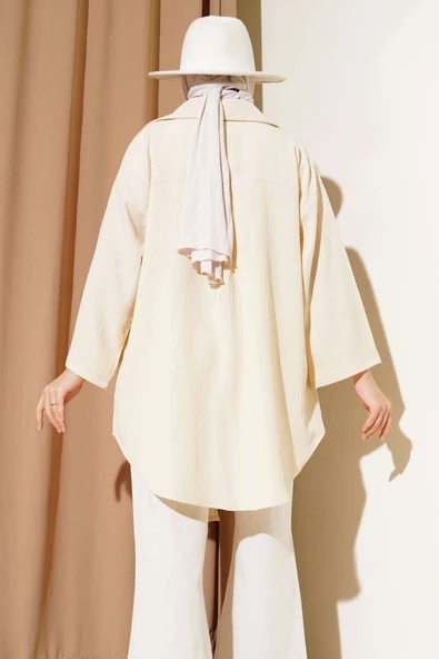 Bürümcük Yaka Bağlamalı Kimono Bej - Resim 3