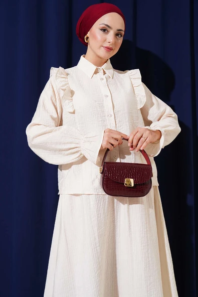 Omuz Fırfırlı Etekli İkili Takım Bej - Resim 2