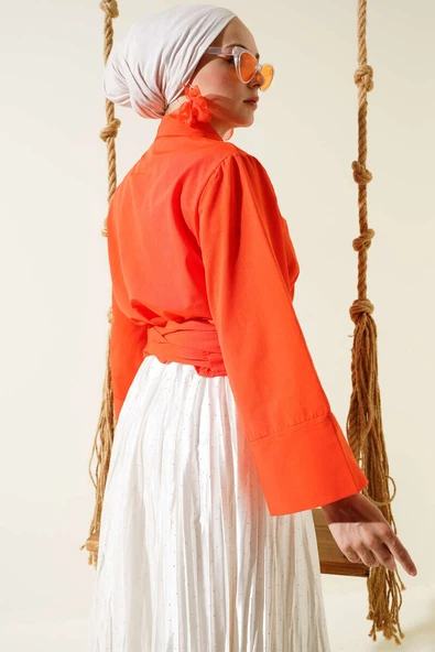 Düğmeli Yan Bağlamalı Kısa Gömlek Oranj - Resim 3