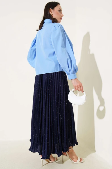 Omuz Pileli Balon Kol Kısa Gömlek Mavi - Resim 3