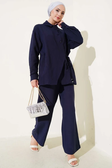Yandan Bağlamalı Keten İkili Takım Lacivert ürün görseli 1
