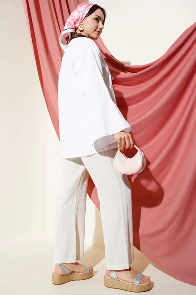 Önü Bağcıklı Geniş Kol Kimono Beyaz - Resim 3