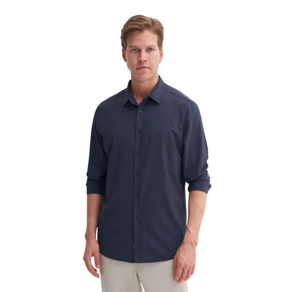 Regular Fit Dokuma Viscon Uzun Kol Gömlek - Resim 8