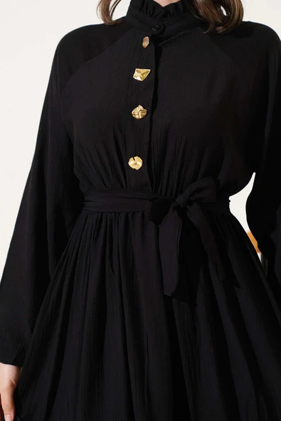 Fırfırlı Düğmeli Elbise Siyah - 4