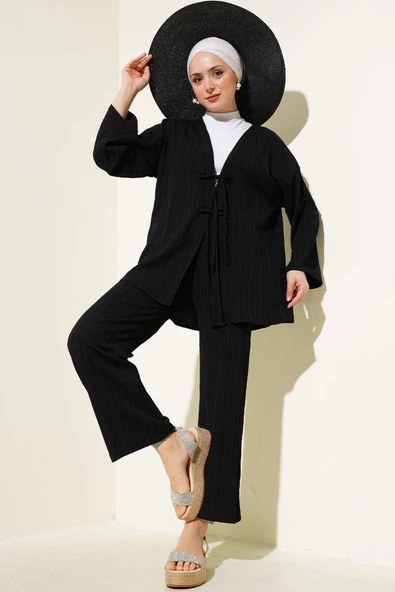 Önü İp Bağcıklı Krinkıl İkili Takım Siyah ürün görseli 1