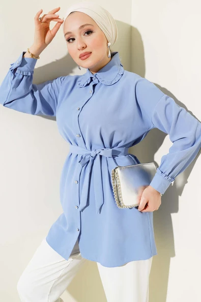 Fırfırlı Bebe Yaka Kuşaklı Gömlek Mavi ürün görseli 1