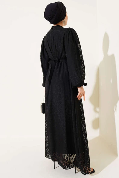 Balon Kol Kendinden Desenli Elbise Siyah - 3