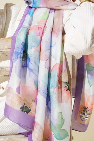 Menekşe Desen Şal Lila - Resim 4