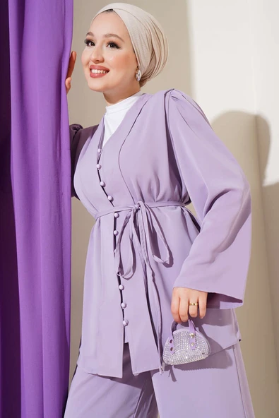 Brit Düğmeli İp Kuşaklı Tunik İkili Takım Lila - Resim 2