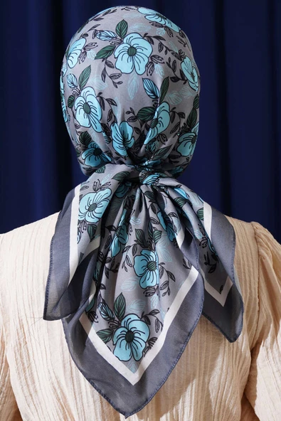 Çiçek Desenli Şeritli Eşarp Füme - Resim 3