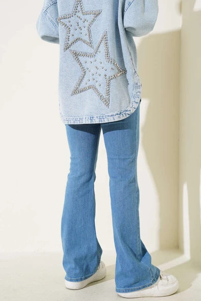 Yüksel Bel İspanyol Paça Pantolon Açık Mavi - Resim 3