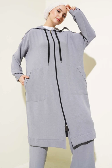 Omuz Apoletli Uzun Hırkalı Ayrobin İkili Takım Gri - Resim 2