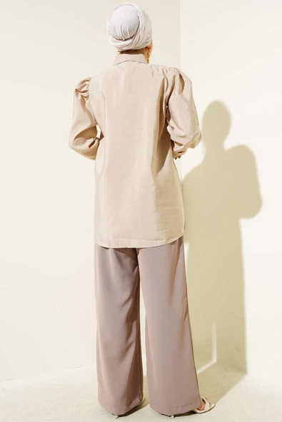 Gold Düğmeli İp Kuşaklı Gömlek Bej - Resim 3