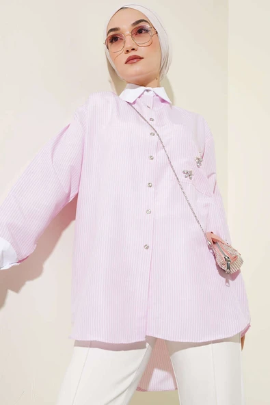 Cep Taşlı İnce Çizgili Gömlek Pembe ürün görseli 1