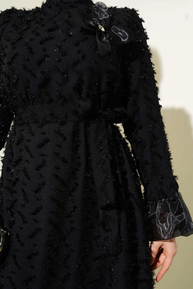 Tül Detaylı Sakallı Kloş Elbise Siyah - 4