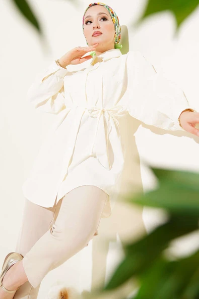 Robalı Balon Kol Kuşaklı Gömlek Krem ürün görseli 1