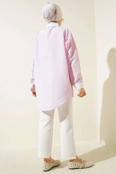Cep Taşlı İnce Çizgili Gömlek Pembe - Resim 3
