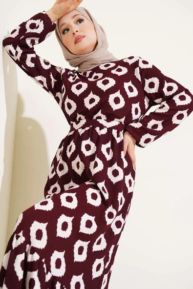 Halka Desen Kuşaklı Bürümcük Elbise Bordo ürün görseli 1