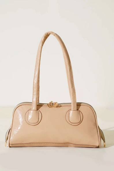 Fermuarlı Uzun Kulplu Rugan Çanta Latte - Resim 2