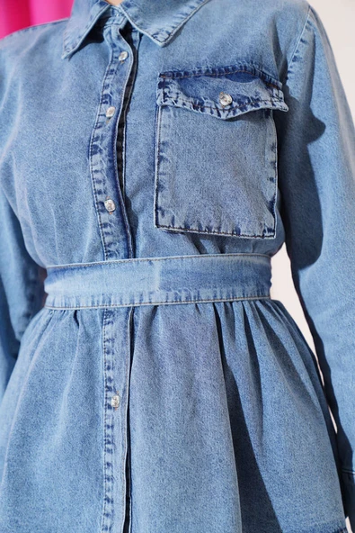 Tek Cepli Kuşaklı Kot Jile Takım Kot Mavisi - Resim 4