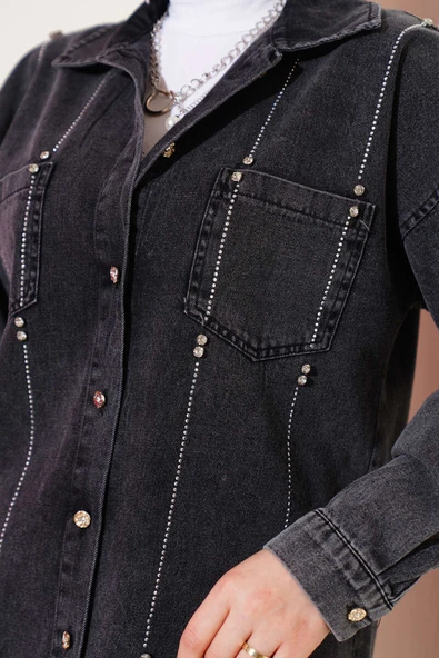 Sıra Taşlı Kot İkili Takım Füme - Resim 4