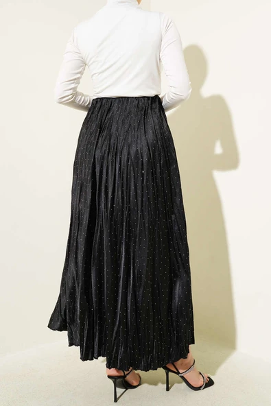 Mini Taşlı Pileli Saten Etek Siyah - 3