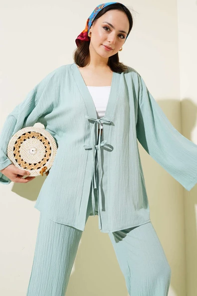 Önü İp Bağcıklı Krinkıl İkili Takım Mint - Resim 2