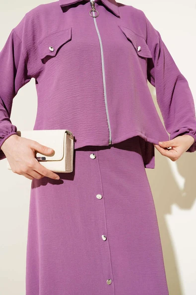 Düğme Detaylı Fermuarlı Ayrobin Jile İkili Takım Magenta - Resim 4