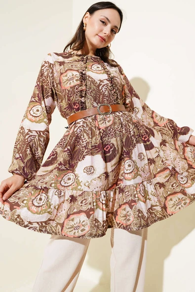 Etnik Desenli Kemerli Tunik İkili Takım Haki - Resim 2