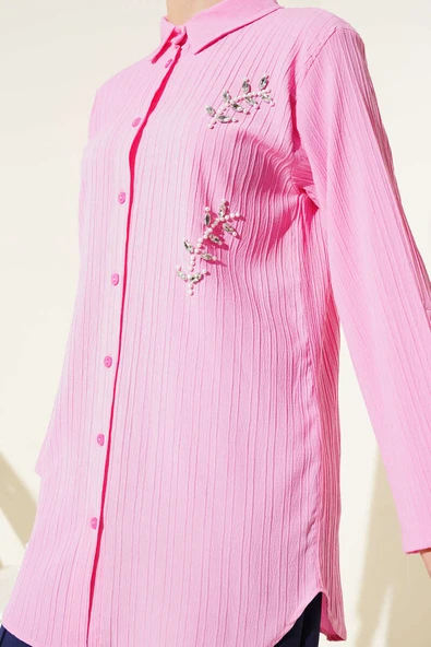 Önü İncili Kabartma Çizgili Gömlek Pembe - Resim 4