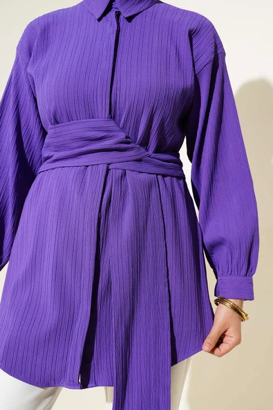 Kendinden Bel Kuşaklı Gömlek Menekşe - Resim 4