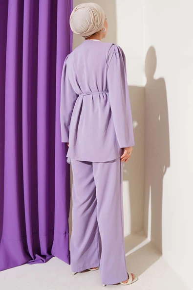 Brit Düğmeli İp Kuşaklı Tunik İkili Takım Lila - Resim 3