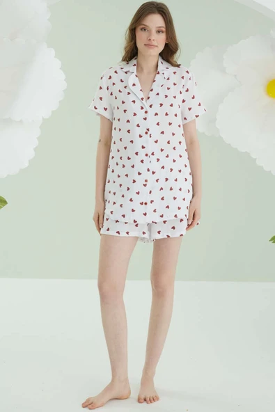 NBB Kalpli Düğmeli Şort Keten Pijama Takım Ekru - Resim 2