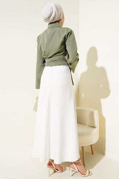 Çapraz Düğmeli Bağlamalı Kısa Gömlek Haki - Resim 3