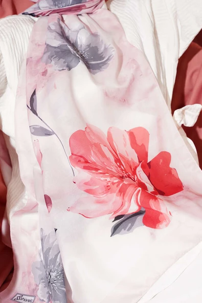 Retro Çiçek Desenli Şal Pudra - Resim 4