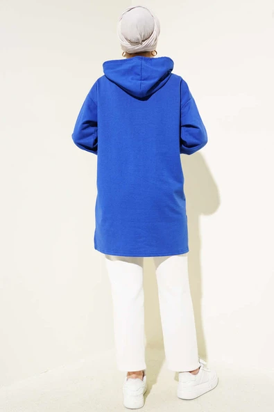 Kapüşonlu Yarım Fermuarlı Baskılı Tunik Saks - Resim 3