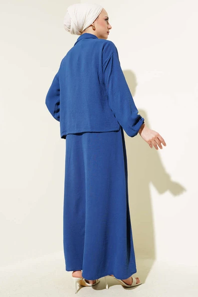 Düğme Detaylı Fermuarlı Ayrobin Jile İkili Takım İndigo - Resim 3