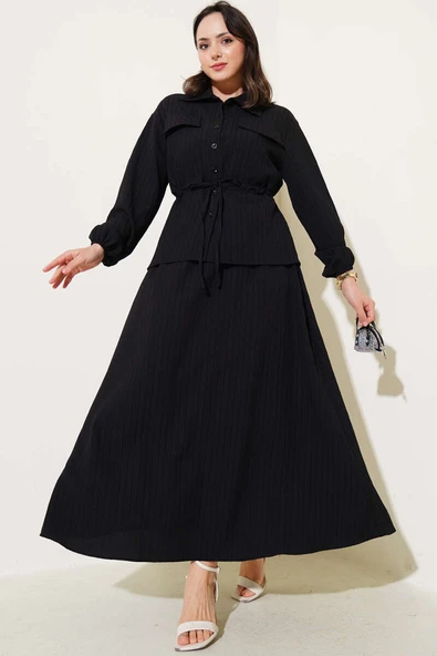 Cep Kapaklı Bel Tünelli Etekli Bürümcük Takım Siyah ürün görseli 1