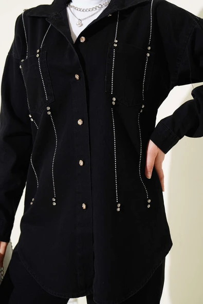 Sıra Taşlı Kot İkili Takım Siyah - Resim 4