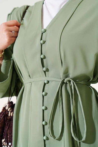 Brit Düğmeli İp Kuşaklı Tunik İkili Takım Çağla Yeşili - Resim 4