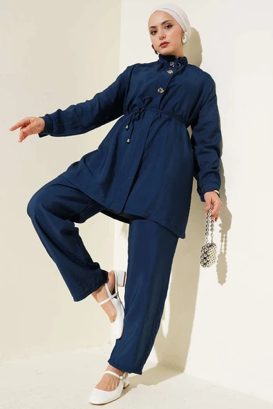 Önü Fermuarlı Kuşaklı İkili Takım Lacivert ürün görseli 1