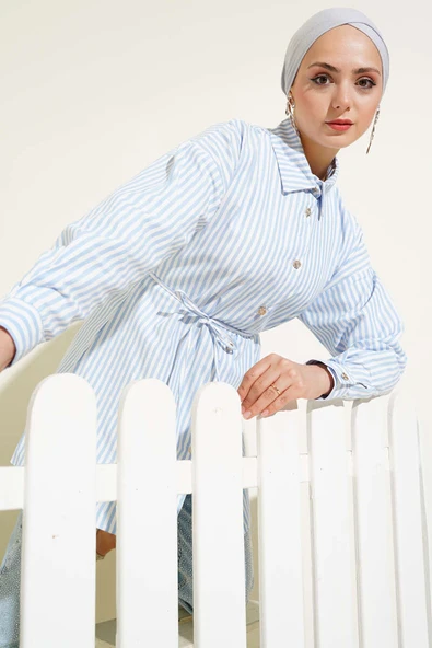 Taş Düğmeli Çizgili İp Kuşaklı Gömlek Buz Mavisi ürün görseli 1