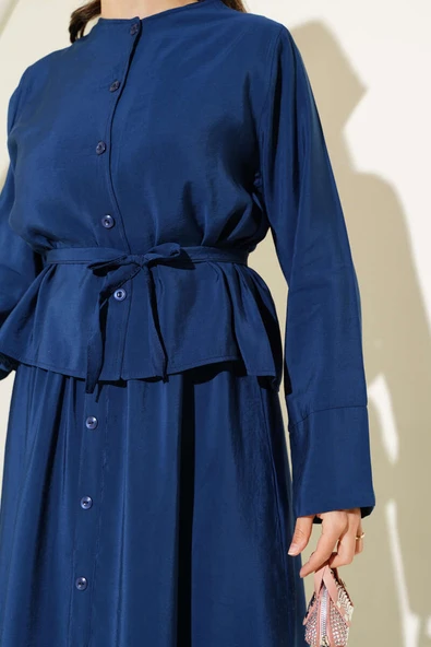 Düğmeli Kuşaklı Jile İkili Takım Lacivert - Resim 4