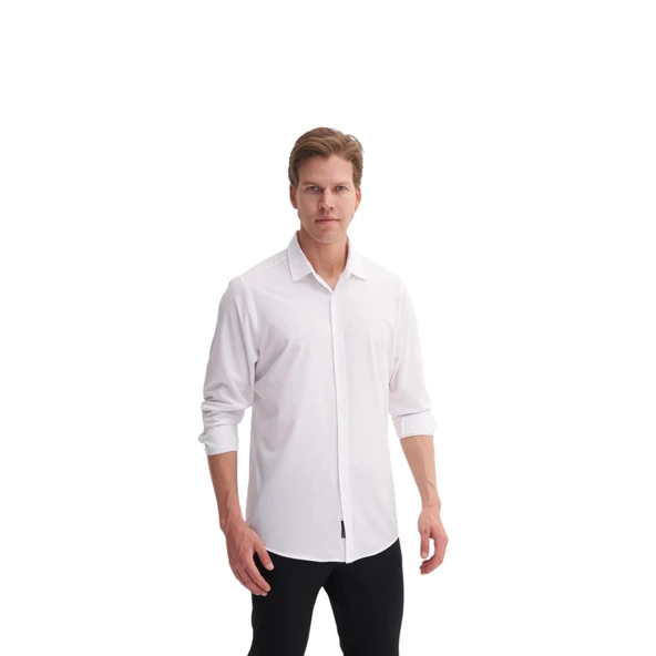 Regular Fit Dokuma Viscon Uzun Kol Gömlek - Resim 3