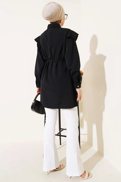 Omuz Fırfırlı Şeritli Kuşaklı Gömlek Siyah - Resim 3