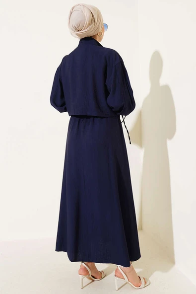 Göğüs Cepli Fermuarlı Etekli İkili Takım Lacivert - Resim 3