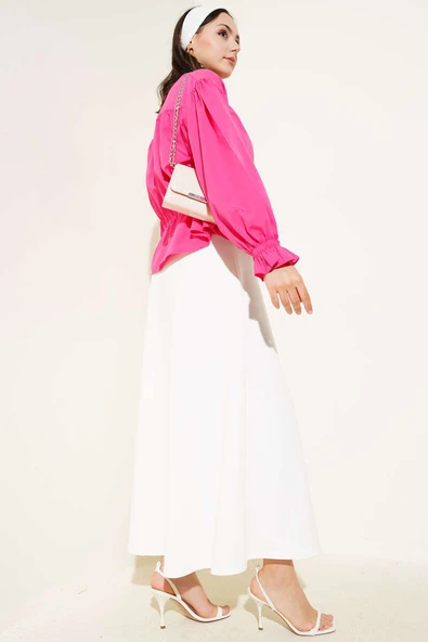 Bilek Lastikli Bel Tünelli Kısa Gömlek Fuşya - Resim 3