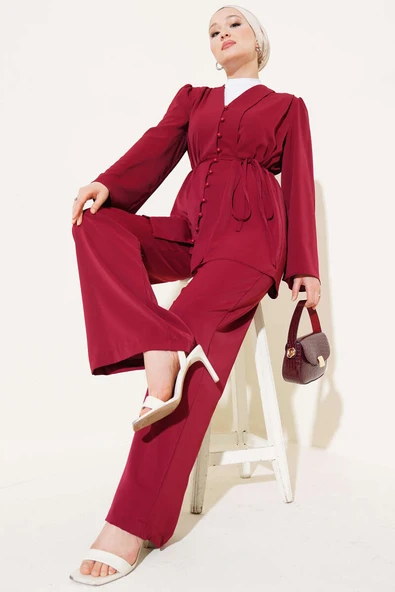 Brit Düğmeli İp Kuşaklı Tunik İkili Takım Bordo ürün görseli 1
