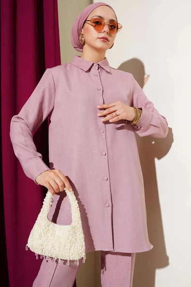 Top Düğmeli Keten İkili Takım Pudra - Resim 2