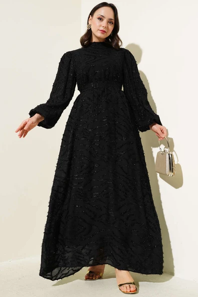 Sim Sakallı Balon Kol Kuşaklı Elbise Siyah ürün görseli 1